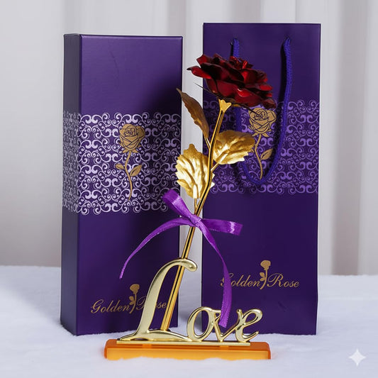 Rose Gift Box with Golden Love Stand – Romantic Artificial Flower Arrangement with Carry Bag for Valentine’s Day, Anniversary, Birthday & Special Occasions (Red)