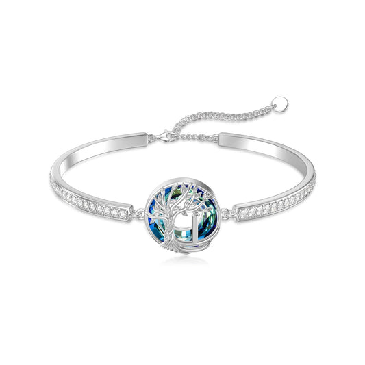 TOUPOP Tree of Life Bracelet Sterling Silver Initial I Letter Bangle Bracelet Family Tree Blue Crystal Jewelry Mothers Day Birthday Gifts for Women Mom Wife