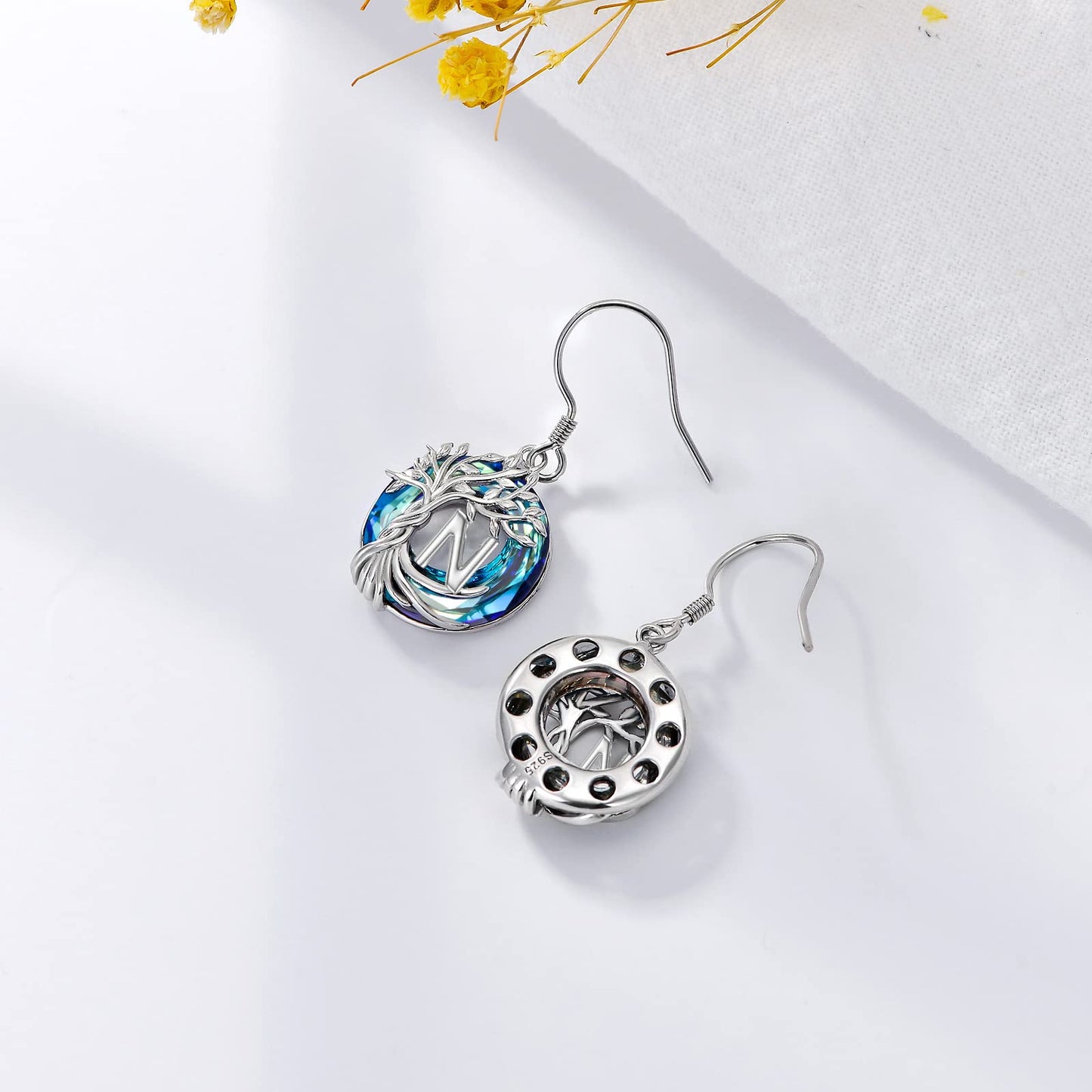 TOUPOP Tree of Life Initial Earrings Sterling Silver Initial N Letter Drop Dangle Earrings Blue Circle Crystal Family Tree Jewelry Birthday Mothers Day Gifts for Women Mom Her