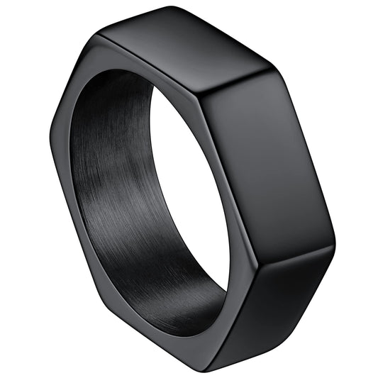 ChainsHouse Black Biker Ring Stainless Steel Jewelry Size 12 Punk Hexagon Geometric Band Rings