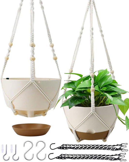 Koalaime Hanging Planters for Indoor Plants, 2 Pack 10 Inch Self Watering Pots with Macrame Plant Hanger, Hanging Baskets Holder for Outdoor Garden Home Ceiling Window Decor