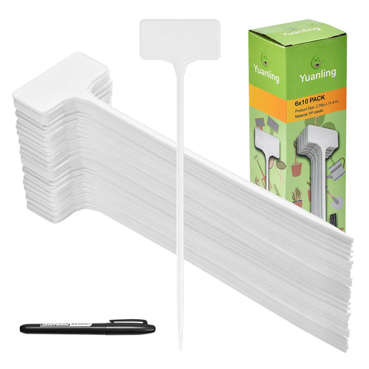 Plant Labels,60PCS Yuanling T-Type 11.4" Large Plastic Plant Tags Waterproof Plant Makers Nursery Garden Labels for Outdoor Indoor Plants Herbs Flowers Vegetable Potted Belt Marker Pen (White)