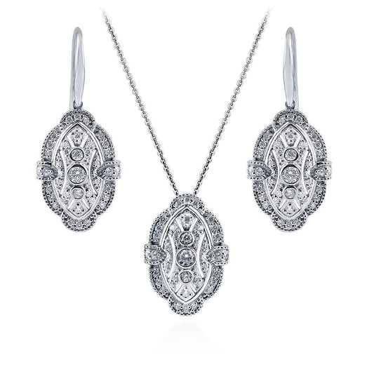 BERRICLE Sterling Silver Vintage Inspired Art Deco Cubic Zirconia CZ Milgrain Fashion Necklace and Earrings Set for Women, Rhodium Plated