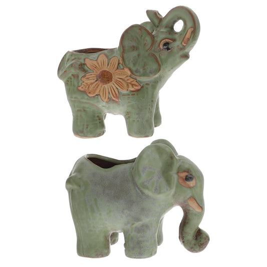 HANABASS 2Pcs Small Ceramic Elephant Planter Green Retro Flower Pots for Succulent Plants Small Cactus Holders Decorative Animal Plant Pots for Indoor Outdoor