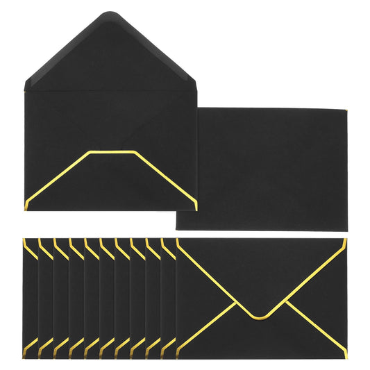PATIKIL 100 Pack A6 Envelopes, 4x6 Card V Flap Envelope Round Edge Small Valentine Envelopes Self Seal with Gold Border for Office Wedding Card Invitations Graduation Party Gift, Black