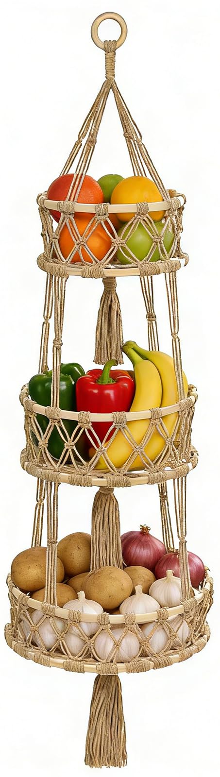 Halidali 3 Tier Hanging Fruit Baskets for Kitchen, Macrame Plant Hanger Cotton Rope Handwoven Hammock Produce Storage Organizer Basket for Plants Holder, Vegetable, Onion, Potato (Linen)