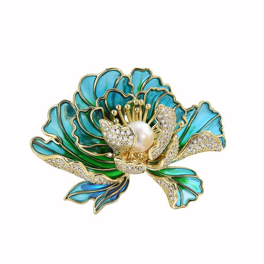 UNVAK Enamel Peony Flower Brooch 18k Gold Plated Peony Flower Brooch Pin Peony Pearl Brooch Lapel Pin Jewelry Thanksgiving Day Birthday Gifts Dress Accessories for Mom Wife