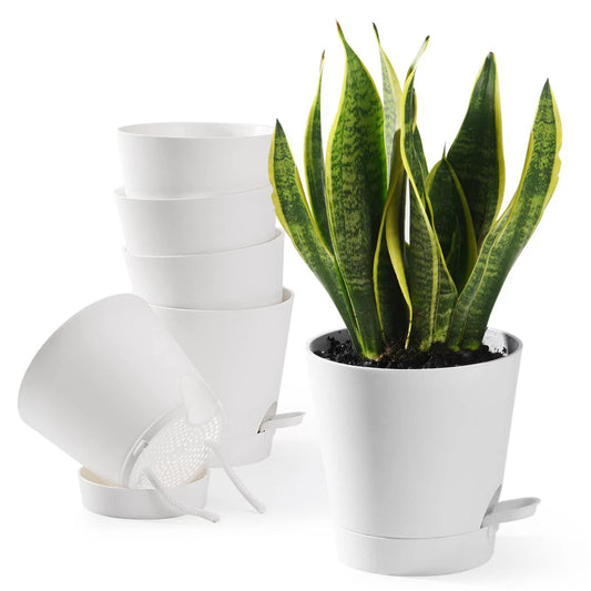 Qaobo Plant Pots 6 PCS 5 inch Self Watering Planters High Drainage Flowers Pot for Indoor Outdoor Plants with Reservoir Tray and Watering Lip Gardening Planter Garden Flower Pots, White