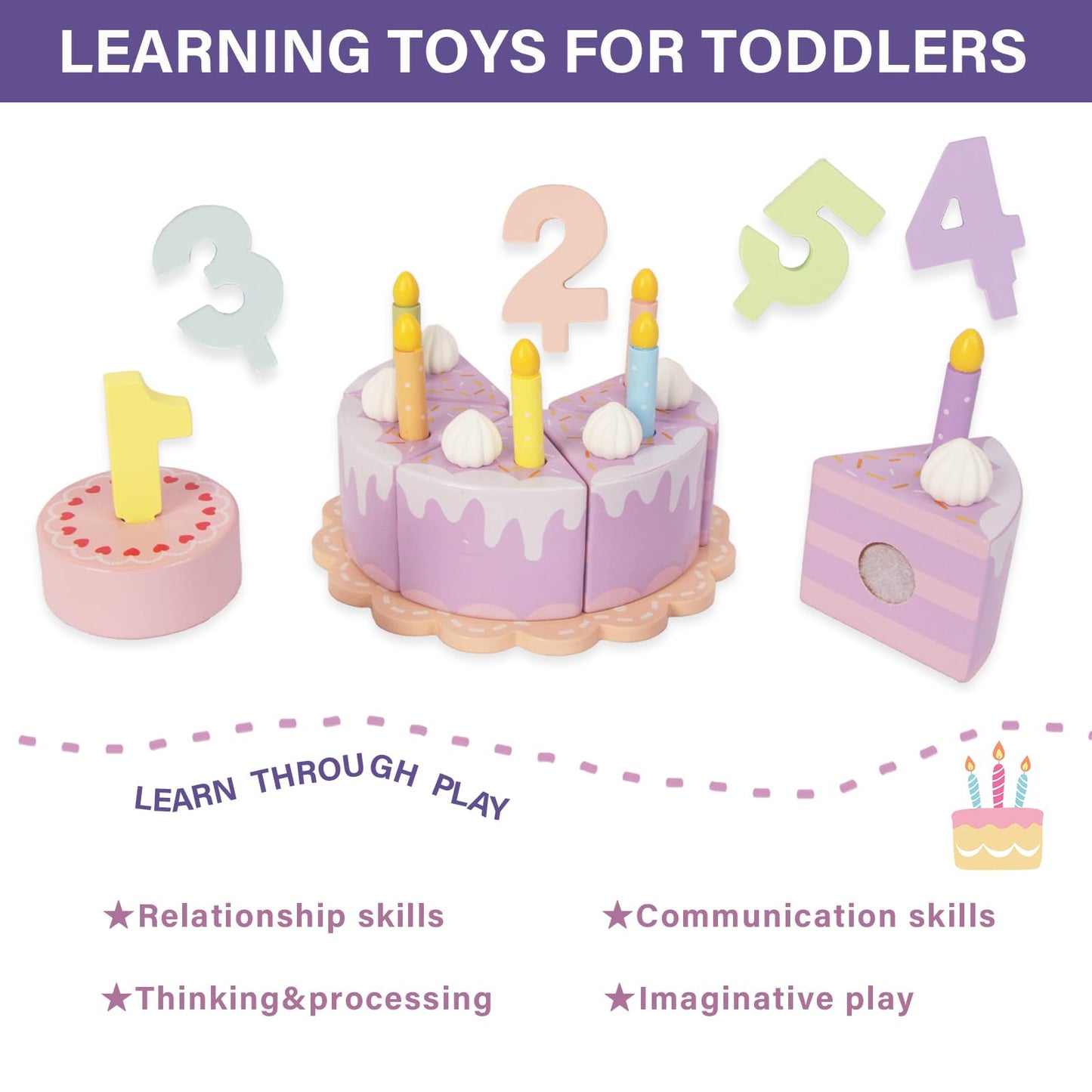 WoodenEdu Pretend Play Food for Toddlers 2-5,Wooden Birthday Fake Cake with Candles and Numbers,Tea Party Learning Kitchen Gift Toys for Boys Girls (Cream Cake)