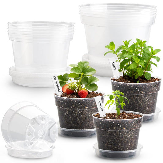 10/8/6 Inch Clear Plant Pots with Drainage Hole 12 Pack, Transparent Sturdy Plastic Nursery Pots with Saucers, Plant Label, Gardening Gloves, Plant Starter Pots for Planting Seed Herb Vegetable Flower