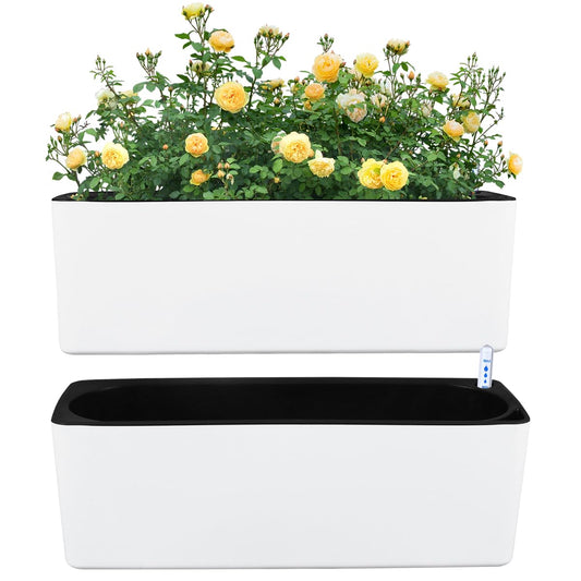 2 Pack Rectangular Planter 15.6 x 5.4 in Self Watering Planter Window Sill Planters Indoor Rectangle Plant Pot Self Watering Pots Plastic Plant pots with Drainage Holes Black Flower Pot
