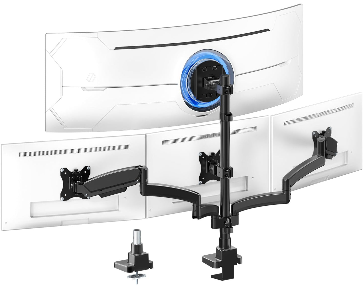 PUTORSEN Quad Monitor Mount for up to 49’’ Ultrawide on Top Bracket and 27’’ Screens on Lower Brackets, Holds up to 44lbs, Quad Monitor Stand with Gas Spring, C-Clamp & Grommet Base