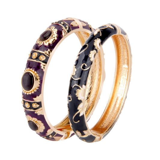 UJOY Vintage Cloisonne Jewelry Bracelet Plated Handmade Bead Rhinestones Enamel Spring Cuff Bangles 2 Pcs Set for Womens Gift 7735-55A108 pueple Black