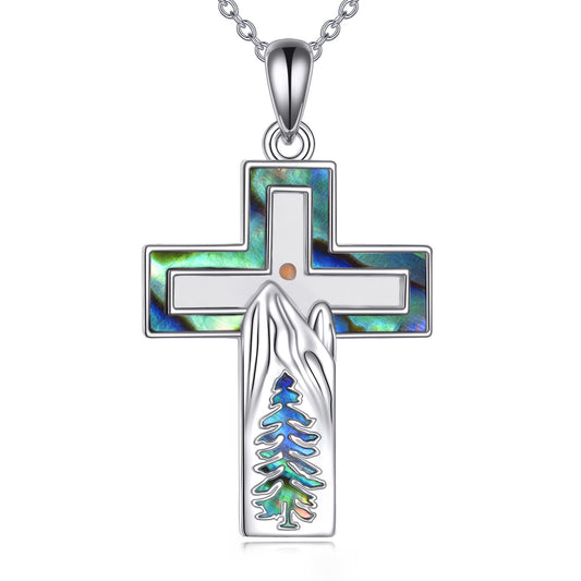 YFN Mountain Necklace for Women Sterling Silver Nature Necklace Jewelry Gift for Skiers, Hikers, Campers, Climbers and Nature Lovers (Silver-Cross Necklace Mountain)