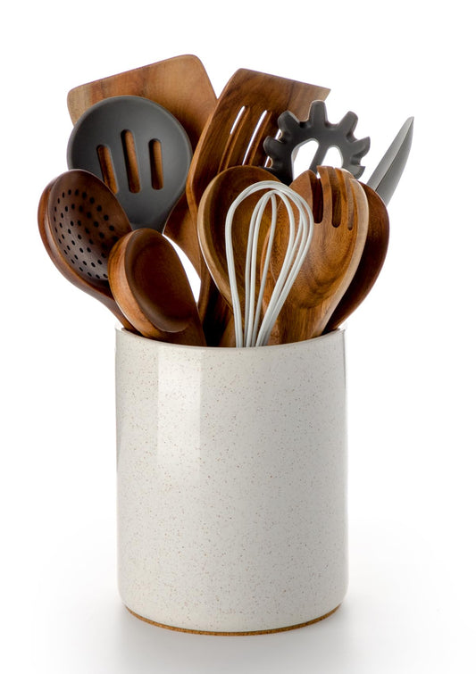 Nucookery Utensil Holder, 6.4" Ceramic Kitchen Utensil Holder for Countertop with Protection Cork Bottom, Vintage Farmhouse Kitchen Decor for Counter, Gift (Sand)