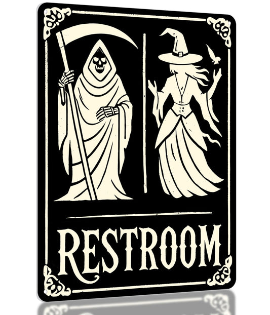 Halloween Bathroom Decor Sign – Grim Reaper & Witch Wall Art, Spooky Restroom Decor, Funny Gothic Metal Plaque 11x8.3 in, Occult, Witchy, Horror Home or Goth Bathroom Decor by Opix Design