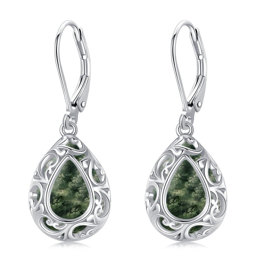 KoyeKei Filigree Moss Agate Leverback Earrings for Women 925 Sterling Silver Moss Agate Teardrop Dangle Drop Earrings Jewelry Filigree Graduation Birthday Gifts for Wife