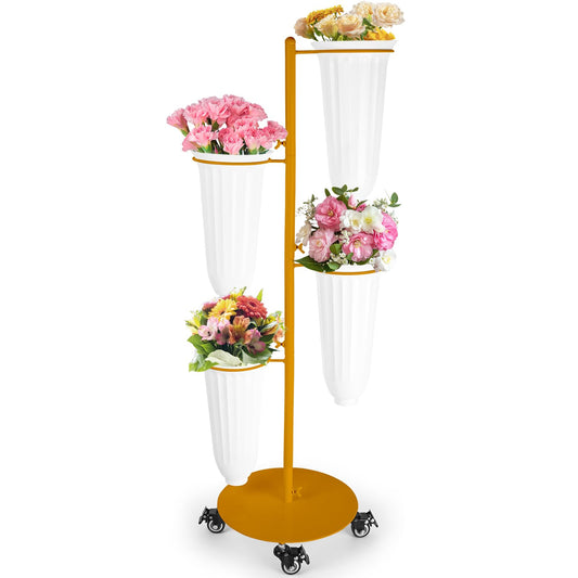LEALIBAUSS Metal Flower Bar Stand With 4 Buckets Flower Cart Display Stand with Wheels Floral Bar for Wedding,Garden Events Party Decor (GOLD)