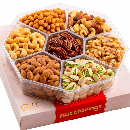 NUT CRAVINGS - Mothers Day Treats, Mixed Nuts Gift Basket in Red Gold Box (7 Assortments, 1 LB) Treats for Adults, Food Arrangement, Healthy Snack Care Package, Kosher