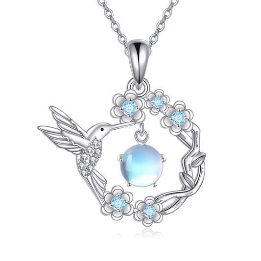 YAFEINI Hummingbird Necklace Sterling Silver Moonstone Humming Bird Pendant Jewelry for Women Mom