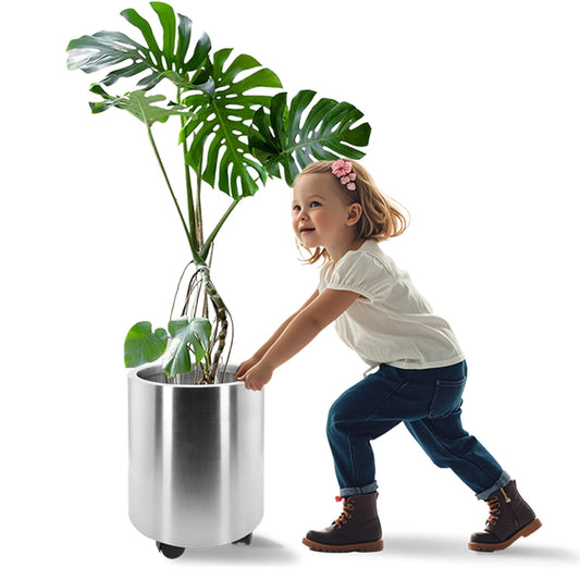 Modern Indoor Outdoor Large Stainless Steel Plant Pot and Plant Caddy with Wheels for Home Patio Garden,11.81 Inch Dia Round Planter, Easy to Clean and Move