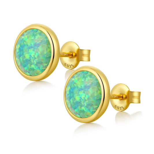 JiayangJY Silver Green Fire Opal Stud Earrings for Women 18K Yellow Gold Plated Sterling Silver Round Shape 6mm Opal Earrings with Push Back