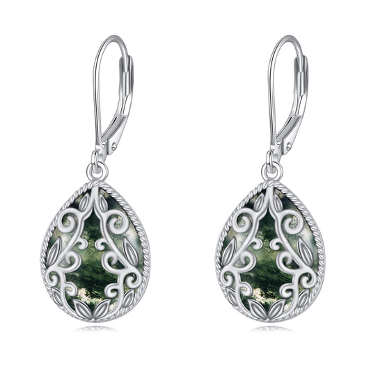 Moss Agate Earrings for Women 925 Sterling Silver Filigree Teardrop Dangle Leverback Earring Birthday Jewelry Gifts for Women