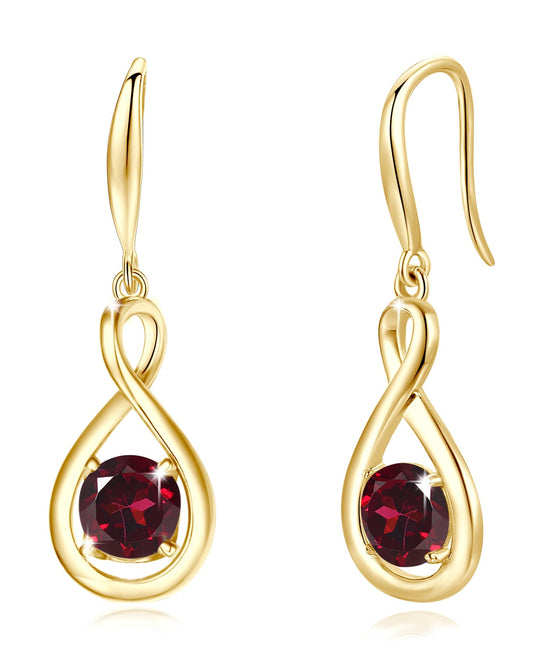 FANCIME Garnet Dangle Drop Earrings 925 Sterling Silver Yellow Gold Plated Dainty Infinity Red Gemstone Earring January Birthstone Fine Jewelry Birthday Mothers Day Gifts for Wife Her Women