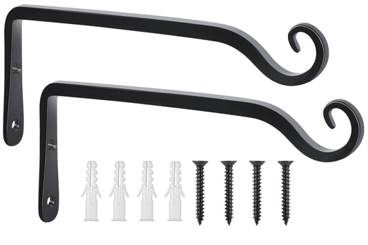 FEED GARDEN Wall Hooks for Hanging Plants 10 Inch - 2 Pack Heavy Duty Metal Plant Brackets, Holds 48 lbs, Rust Resistant Black L-Shape Hooks for Indoor Outdoor Decor