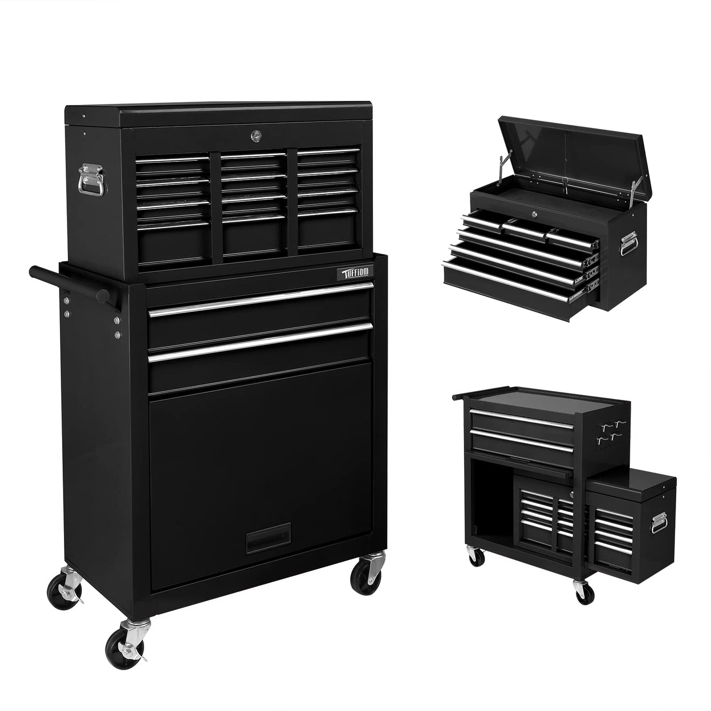 TUFFIOM 8-Drawer Rolling Tool Chest, Tool Storage Cabinet w/Lockable Wheels, Detachable Top, Drawers & Side Hooks, Mechanic Tool Organizer Box for Garage Warehouse Repair Shop