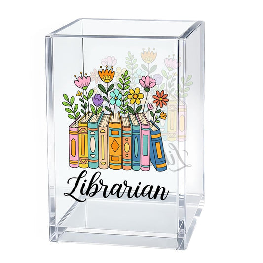 Gkodw Librarian Acrylic Pen Holder Cosmetic Organizer, Funny Pencil Pen Holder for Desk, Reading Nook Accessories for Library Lover Teacher, Librarian Day Appreciation Birthday Back To School Gifts