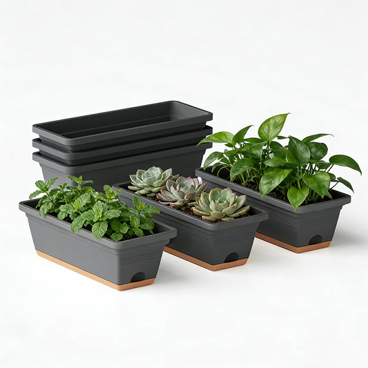LESOASIS Window Box Planter, 6 Pack Plastic Vegetable Flower Window Planters Boxes 16 Inches Rectangular Flower Pots with Drainage Holes and Saucers (Grey)
