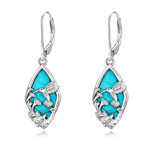 Eetaitai Hummingbird Earrings 925 Sterling Silver Natural Turquoise Jewelry Dangle Drop Earrings Western Boho Bird Flower Hummingbird Mothers Day Gifts for Mom Wife Sister