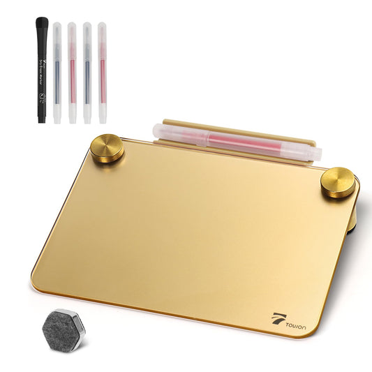 Gold Metallic Glossy Mirror Small White Board with Nail Support, Mini Desktop Glass Whiteboard, Desk White Board Dry Erase with Accessories, Stenography Artifact for Office Homeschooling Décor, 8x6''