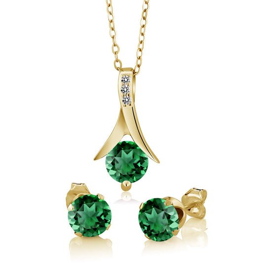 Gem Stone King 18K Yellow Gold Plated Silver Simulated Emerald and White Diamond Pendant Earrings Jewelry Set For Women | 2.36 Cttw | With 18 Inch Chain | Fine Jewelry Gifts for Her Mom Women Wife
