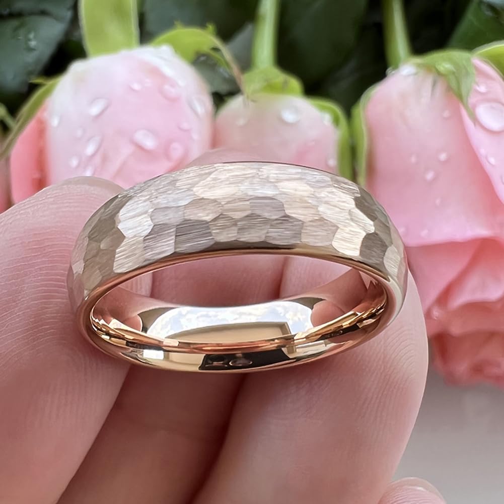TUTISS 6mm Rose Gold Hammered Tungsten Rings for Men Women Engagement Wedding Bands Domed Matte Finish Comfort Fit Size 9.5