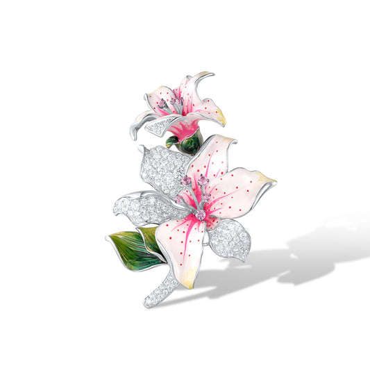 Santuzza Lily Brooch 925 Sterling Silver Created Pink Sapphire Cubic Zirconia Enamel Pink Flower Brooch Pin for Women