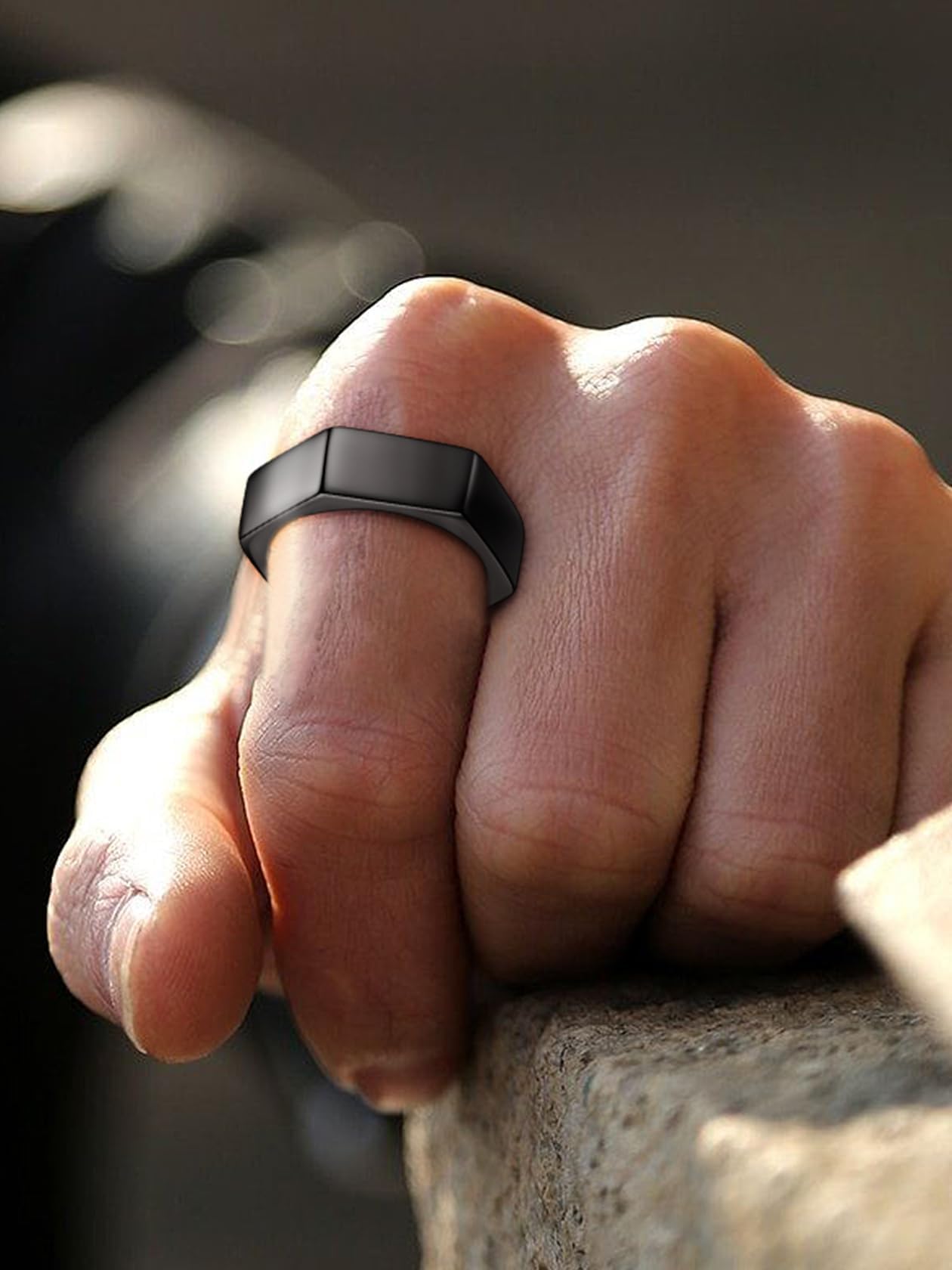 ChainsHouse Black Biker Ring Stainless Steel Jewelry Size 9 Punk Hexagon Geometric Band Rings