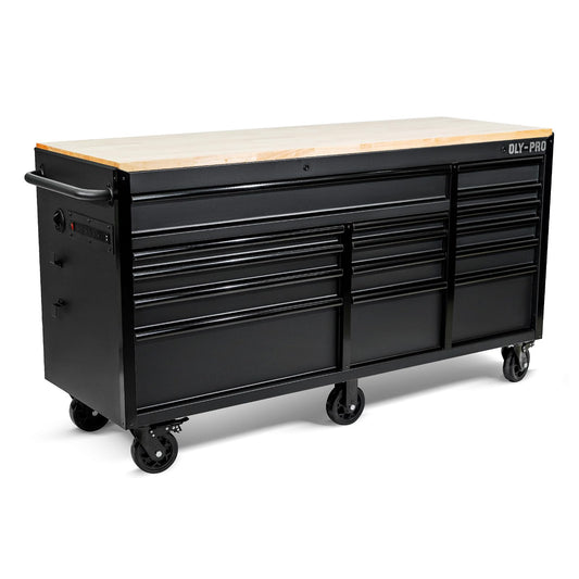 Olympia Tools 72 inch Heavy Duty Mobile Tool Chest Tool Box, with Solid Wood Top Workbench, 15-Drawer Rolling Tool Chest, Tool Storage Organizer for Garage, Workshop, and Home, Black