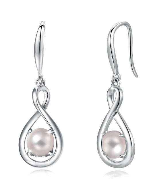 FANCIME White Pearl Dangle Drop Earrings 925 Sterling Silver Dainty Infinity June Birthstone Earring Fine Jewelry Birthday Mothers Day Gifts for Mom Her Women