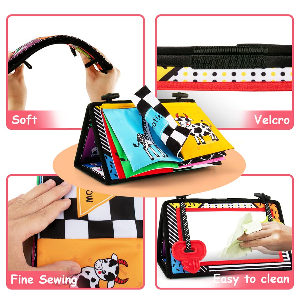 3-in-1 Tummy Time Mirror with Soft Crinkle 3D Activity Book, Teethers, Rattle - High Contrast Black and White Montessori Baby Crawling Toys Developmental Newborn Infant Sensory Toys Gift 0-12 Months
