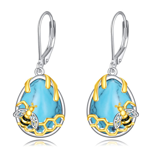 YFN Honeycomb Bee Turquoise Earrings 925 Sterling Silver Teardrop Dangle Hypoallergenic Leverback Earring for Women
