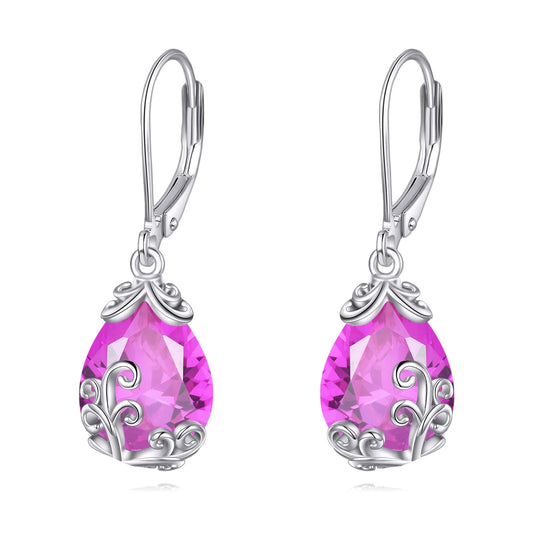 POPLYKE BirthStone Filigree Dangle Earrings Sterling Silver Pink Tourmaline Leverback Earrings October Birthstone Jewelry Gifts for Women