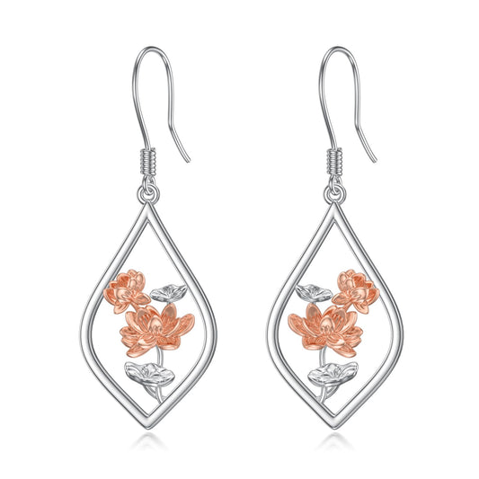 Lotus Earrings Sterling Silver Lotus Flower Floral Dangle Dangling Drop Earrings Boho Yoga Jewelry Gifts for Women