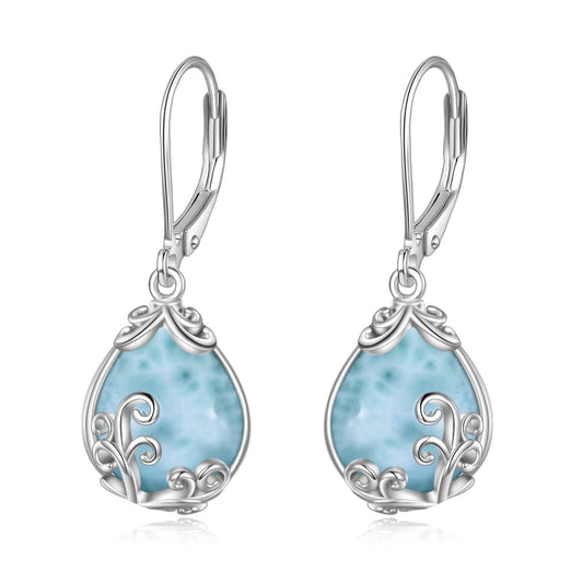 POPLYKE Larimar Filigree Teardrop Drop Dangle Earrings Sterling Silver Leverback Earrings Jewelry