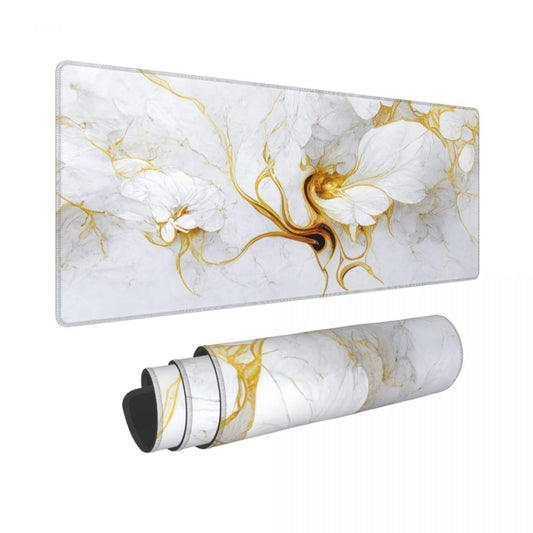 CANFLASHION Desk Pad,Office Desk Mat 31.5"×11.8" Large Gaming Mouse Pad,Extended Computer Mouse Pad,Waterproof Thick Big Mouse Pads with Non-Slip Rubber Base Office Home White Gold Marble Flower