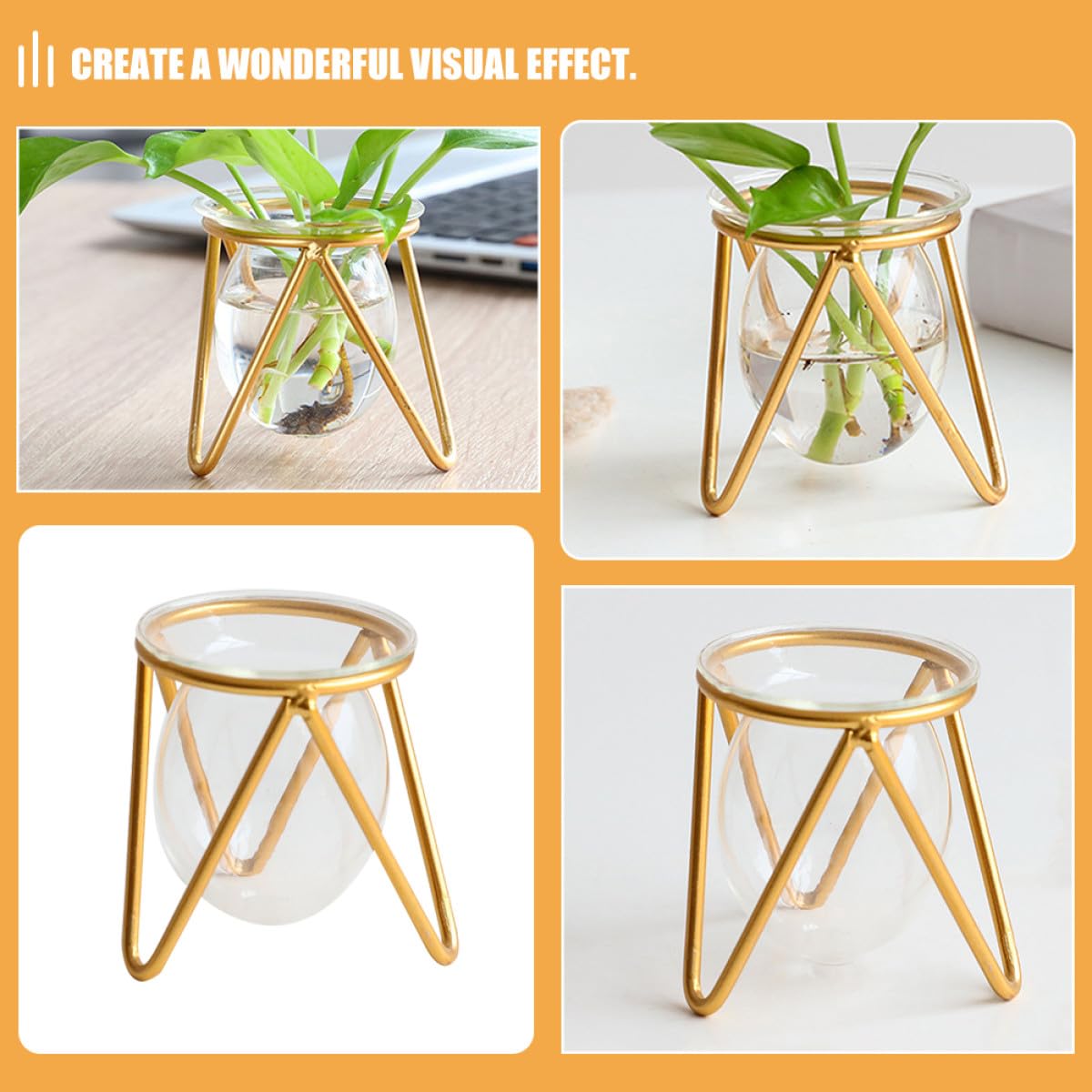 Unomor Glass Hydroponic Plant Vase with Gold Metal Stand Small Tabletop Flowerpot for Indoor Air Plants and Terrarium Décor for Home and Wedding