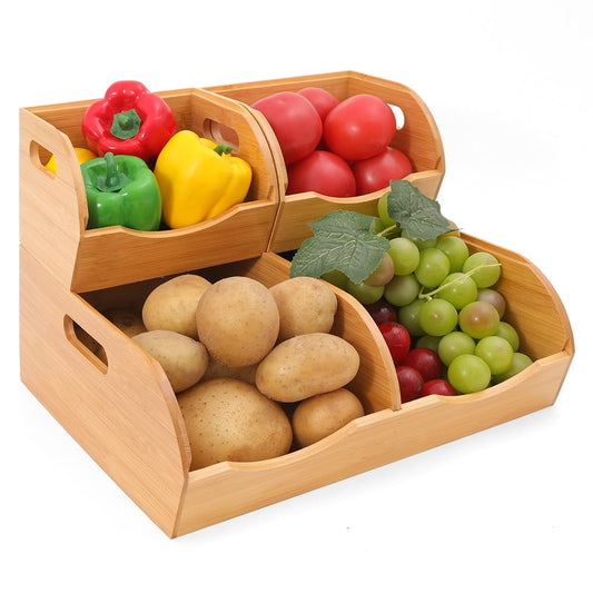 Stackable Bamboo Pantry Organizer - 3-Piece Storage Basket Set for Potato, Onion & Kitchen Cabinet, Tool-Free Assembly, Multi-Size Bins