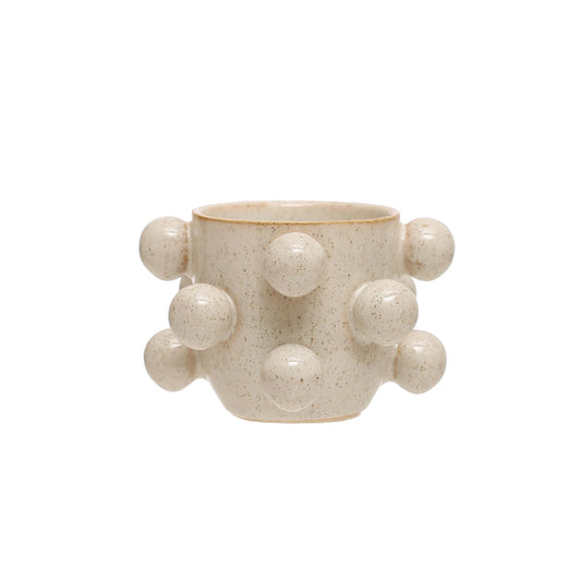 Bloomingville 4.25 Inches Round Stoneware Planter with Orbs and Reactive Glaze, Holds 3 Inches Pot, Speckled Cream