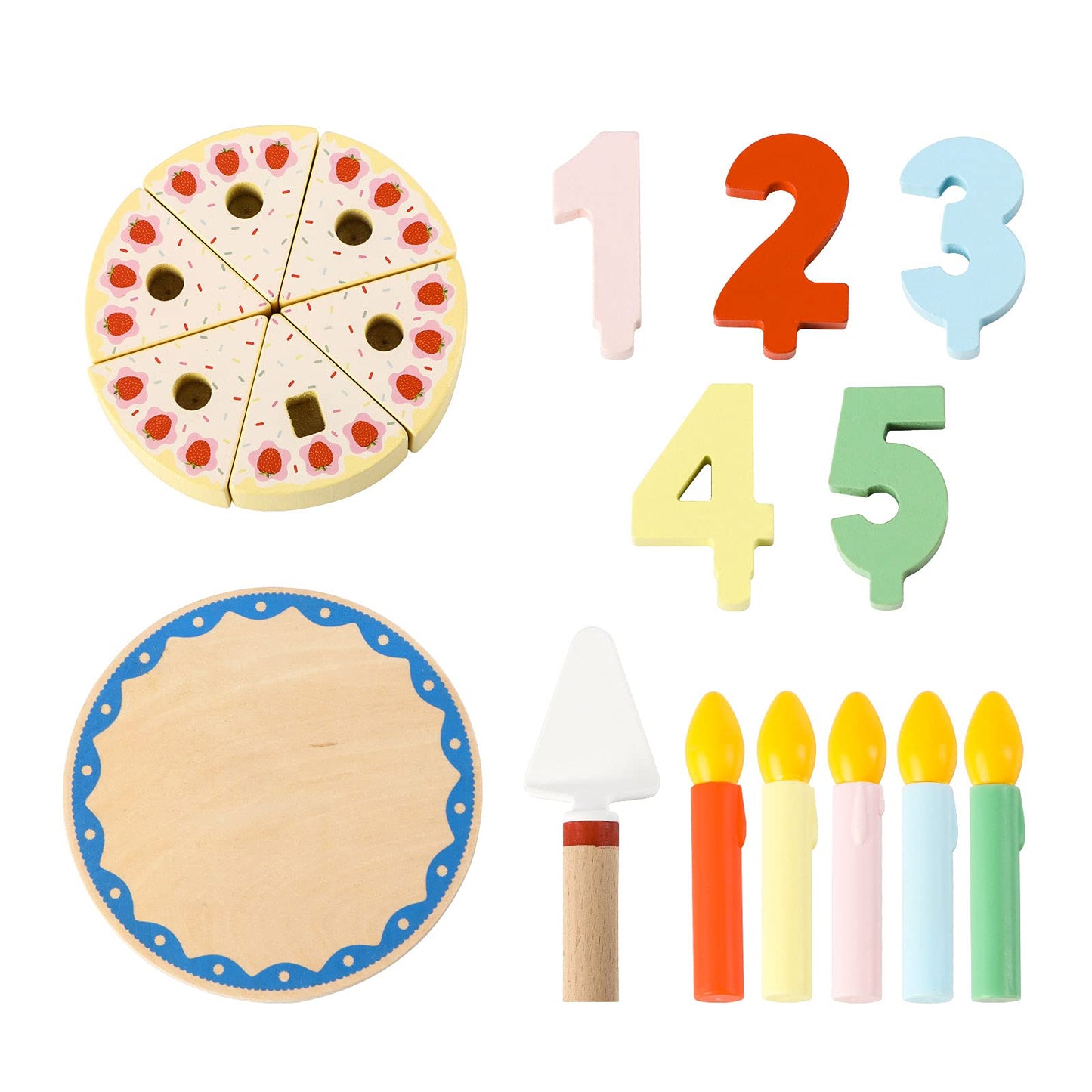 Steventoys Wooden Cutting Cake Play Set, Fake Cake with Candles and Numbers, Pretend Play Food Set, Montessori Tea Party Toys Learning Kitchen Toys for Boys Girls 1-6 Years